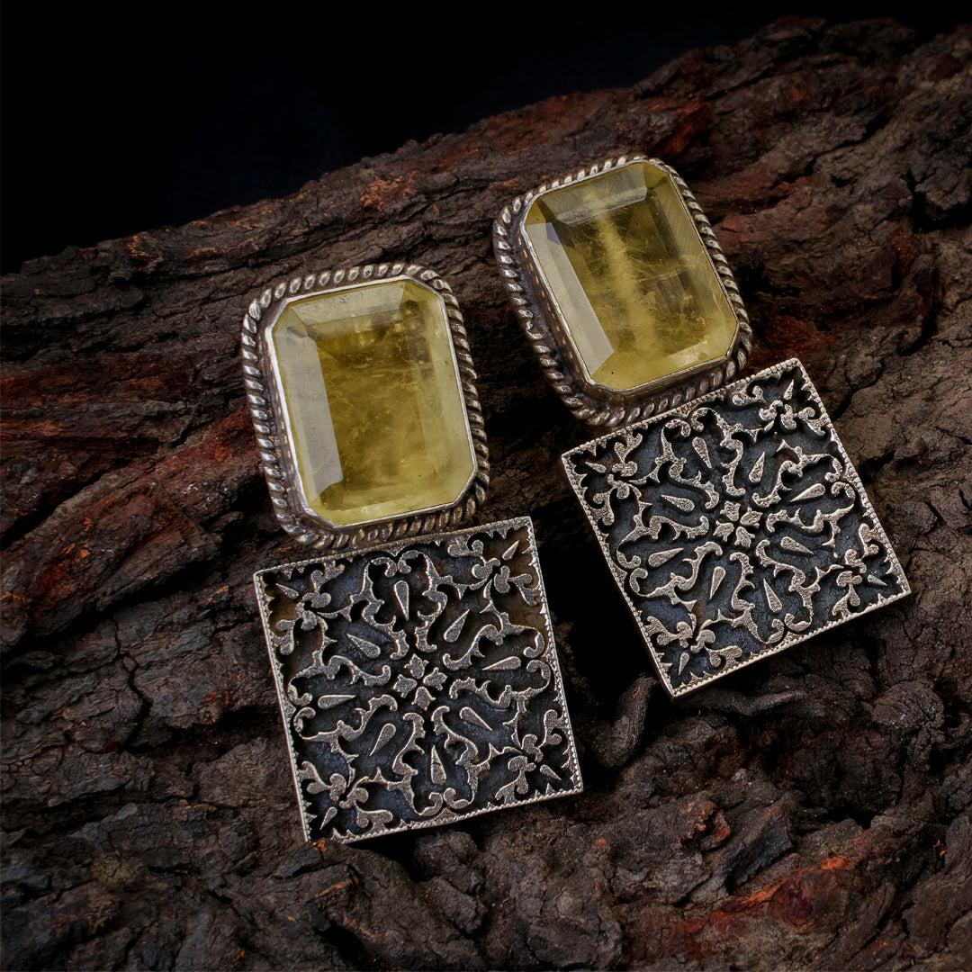 Antique Yellow Topaz & Oxidized Silver Filigree Earrings