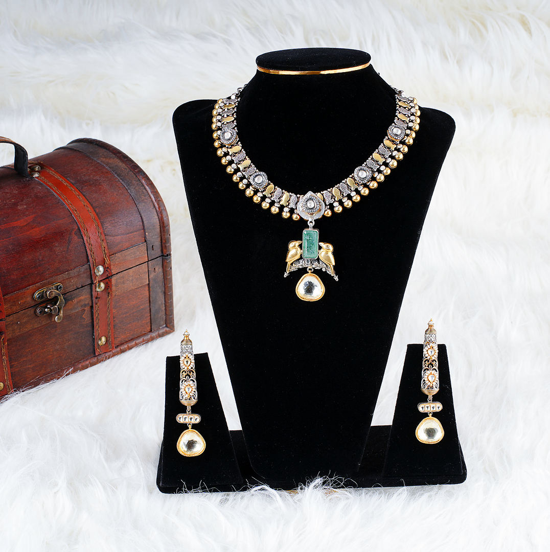 Royal Kundan Necklace Set with Bird Pendant – Antique Gold and Silver Finish