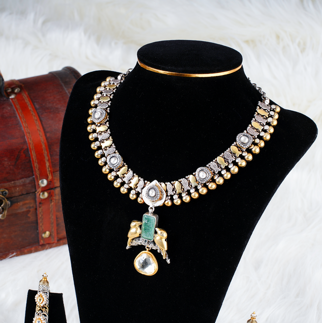 Royal Kundan Necklace Set with Bird Pendant – Antique Gold and Silver Finish