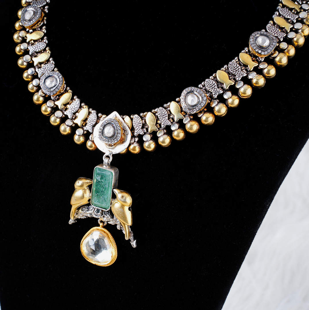 Royal Kundan Necklace Set with Bird Pendant – Antique Gold and Silver Finish