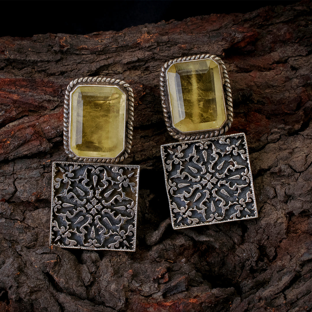 Antique Yellow Topaz & Oxidized Silver Filigree Earrings