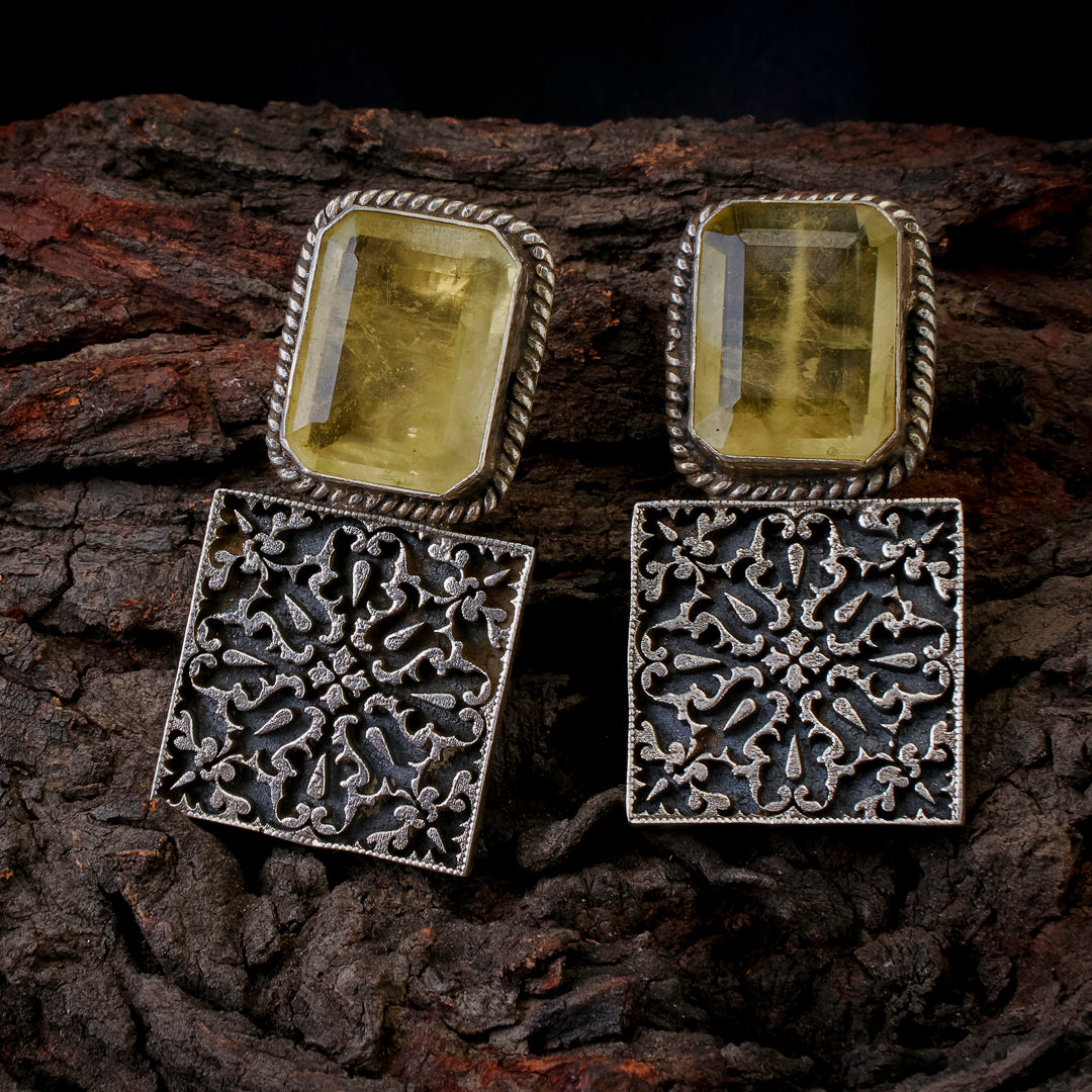 Antique Yellow Topaz & Oxidized Silver Filigree Earrings